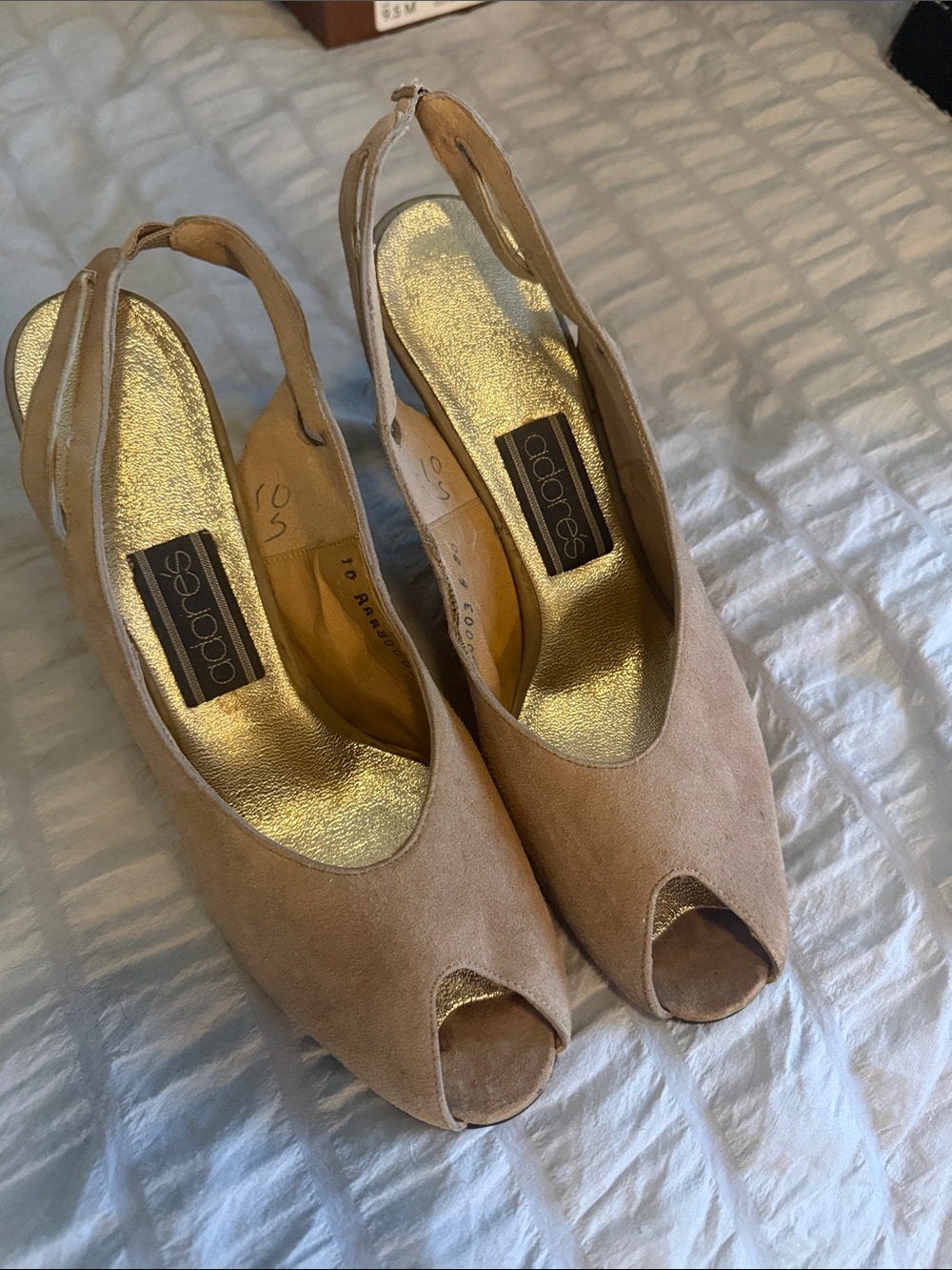 Adore Nude Suede Peep-Toe Slingback Heels with Gold Insole
